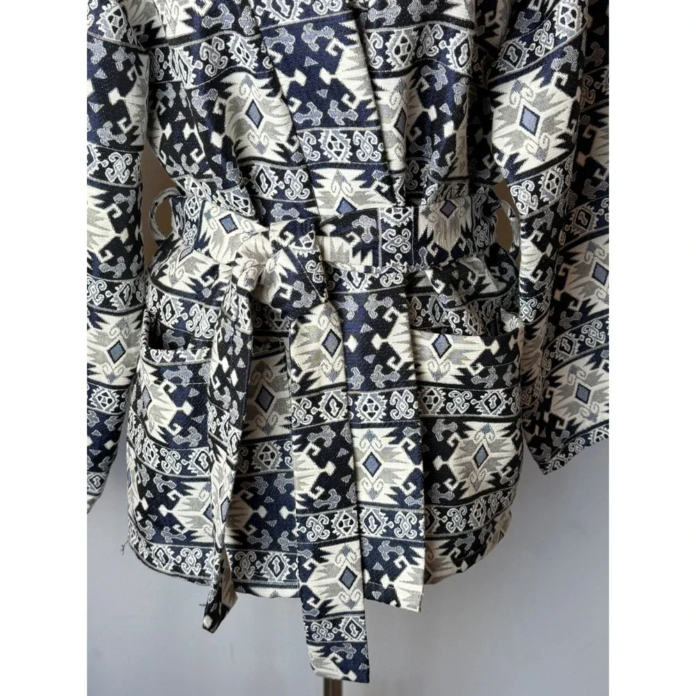Free For Humanity Coat Women Medium Blue Tribal Jacquard Kimono‎ Trench Outdoor